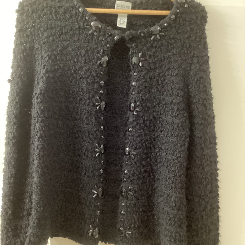 Chico’s Cardigan Sweater Size 1 Black With Embellishments Preppy! Classic! - Picture 13 of 16